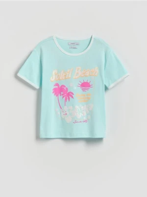 Reserved - T-shirt z brokatowym nadrukiem - jasnoturkusowy