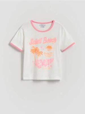 Reserved - T-shirt z brokatowym nadrukiem - złamana biel
