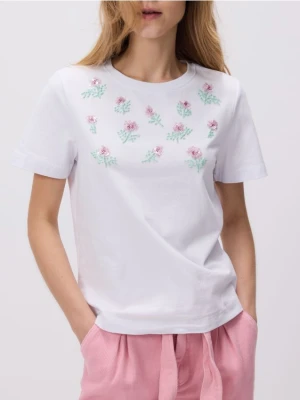Reserved - T-shirt z cekinowymi aplikacjami - biały