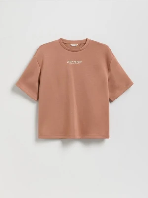 Reserved - T-shirt z haftem - brązowy