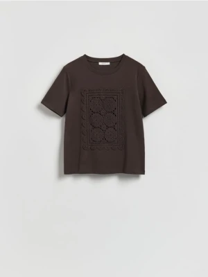 Reserved - T-shirt z haftem - ciemnobrązowy
