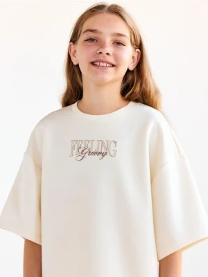 Reserved - T-shirt z haftem - kremowy