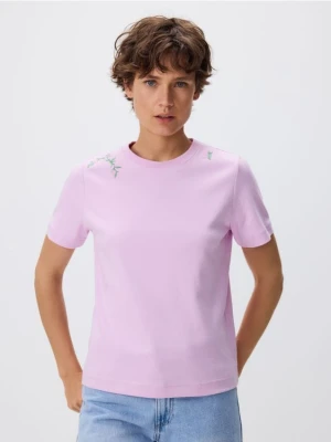 Reserved - T-shirt z haftem - lawendowy