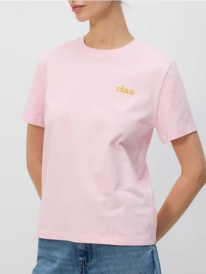 Reserved - T-shirt z haftem - pastelowy róż