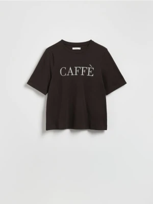 Reserved - T-shirt z haftowanym napisem - ciemnobrązowy