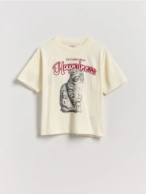 Reserved - T-shirt z haftowanym napisem - złamana biel