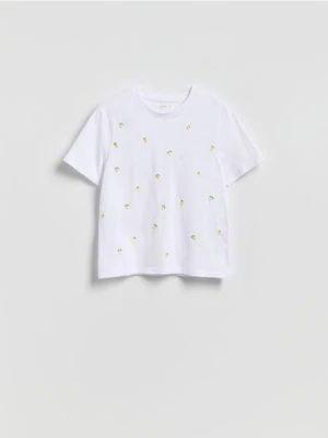 Reserved - T-shirt z haftowanym wzorem - jasnożółty