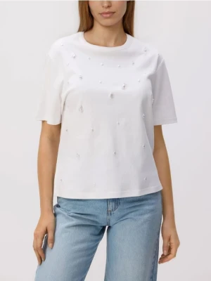 Reserved - T-shirt z imitacją pereł - biały