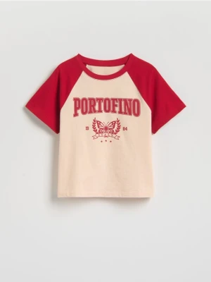 Reserved - T-shirt z kontrastowymi rękawami - beżowy