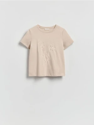 Reserved - T-shirt z kwiatową aplikacją - beżowy