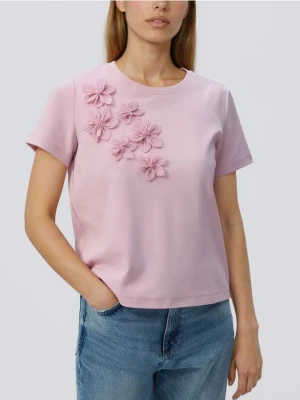 Reserved - T-shirt z kwiatową aplikacją - pastelowy róż