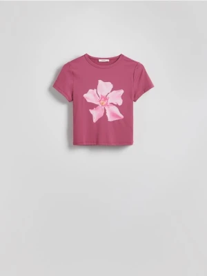 Reserved - T-shirt z kwiatowym nadrukiem - jasnofioletowy
