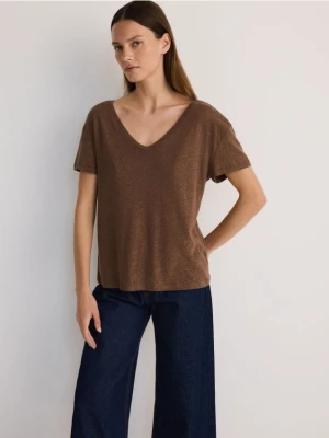 Reserved - T- shirt z lnem i wiskozą - brązowy