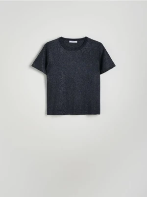 Reserved - T-shirt z metalizowaną nicią - granatowy