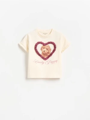 Reserved - T-shirt z nadrukiem i aplikacją - kremowy
