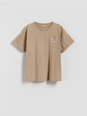 Reserved - T-shirt z nadrukiem i haftem - beżowy