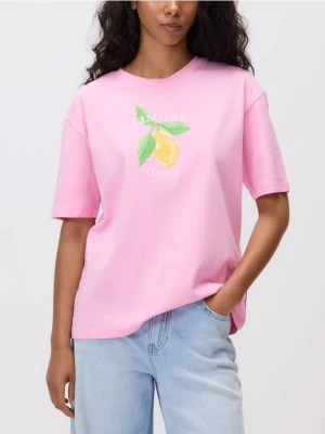 Reserved - T-shirt z nadrukiem i haftem - różowy