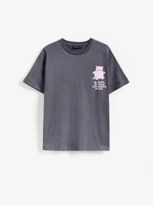 Reserved - T-shirt z nadrukiem Pembe the Pink Cat - ciemnoszary
