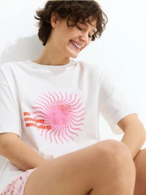 Reserved - T-shirt z nadrukiem - złamana biel