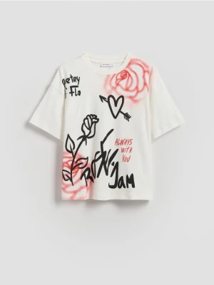 Reserved - T-shirt z nadrukiem - złamana biel