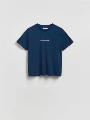 Reserved - T-shirt z napisem - granatowy