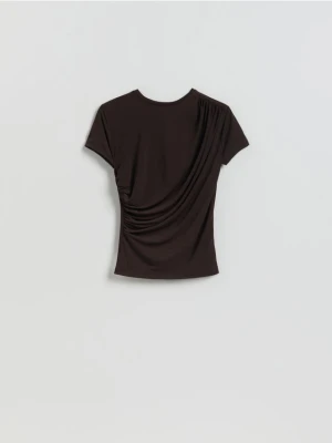 Reserved - T-shirt z ozdobnym marszczeniem - ciemnobrązowy