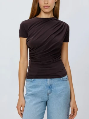 Reserved - T-shirt z ozdobnym marszczeniem - ciemnobrązowy