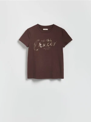 Reserved - T-shirt z połyskującym nadrukiem - beżowy