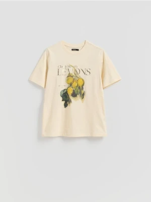 Reserved - T-shirt z połyskującym nadrukiem - kremowy