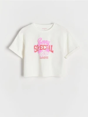 Reserved - T-shirt z wypukłym nadrukiem - złamana biel