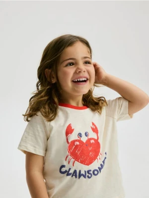 Reserved - T-shirt z wypukłym nadrukiem - złamana biel