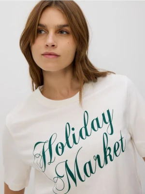 Reserved - T-shirt ze świątecznym motywem - złamana biel