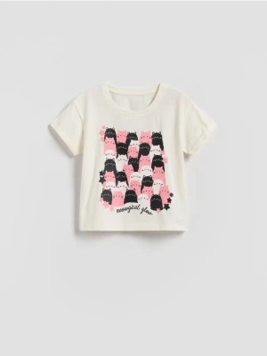 Reserved - T-shirt ze świecącym nadrukiem - złamana biel