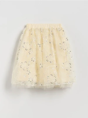 Reserved - Tiulowa spódnica z cekinami - kremowy
