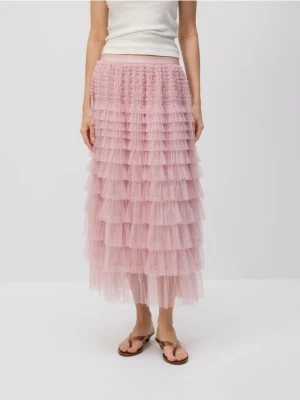 Reserved - Tiulowa spódnica z falbanami - pastelowy róż