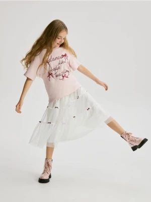 Reserved - Tiulowa spódnica z kokardkami - złamana biel