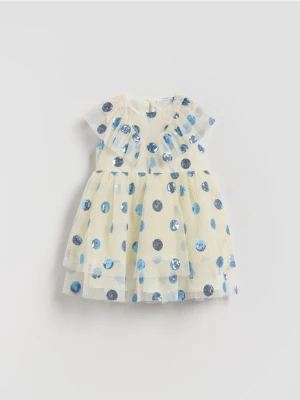 Reserved - Tiulowa sukienka z cekinami - kremowy