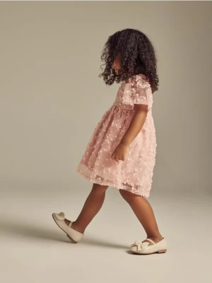 Reserved - Tiulowa sukienka z haftem - pastelowy róż