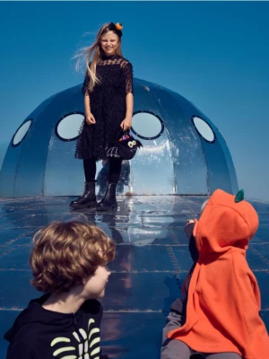 Reserved - Tiulowa sukienka z kokardkami - czarny