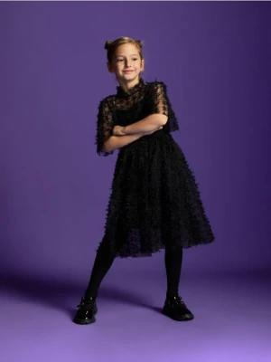 Reserved - Tiulowa sukienka z kokardkami - czarny