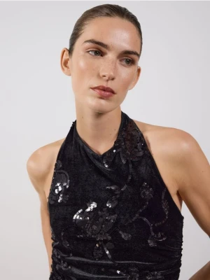 Reserved - Top halter z cekinami - czarny