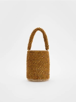 Reserved - Torebka koszyk z drewnianymi koralikami - brązowy