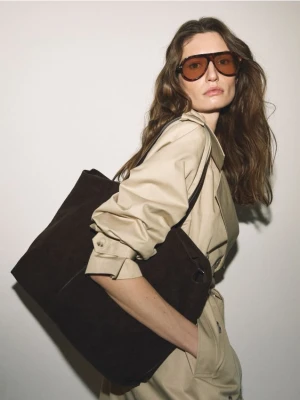 Reserved - Torebka shopper z imitacji zamszu - ciemnobrązowy