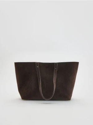 Reserved - Torebka shopper z imitacji zamszu - ciemnobrązowy
