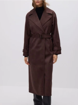 Reserved - Trencz z imitacji zamszu - ciemnobrązowy