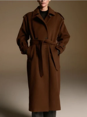 Reserved - Wełniany płaszcz z szalem - brązowy