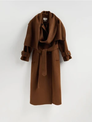 Reserved - Wełniany płaszcz z szalem - brązowy