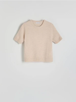 Reserved - Wełniany sweter z krótkimi rękawami - beżowy