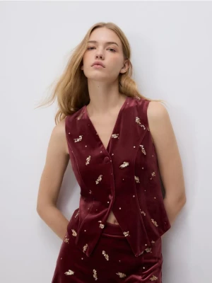 Reserved - Welurowa kamizelka z aplikacją - burgundowy