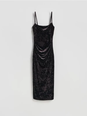 Reserved - Welurowa sukienka midi - ciemnobrązowy